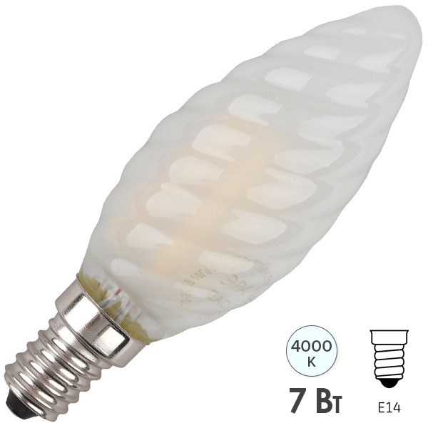 Лампа филаментная светодиодная свеча витая ЭРА F-LED BTW 7W 840 E14 frost белый свет 576474