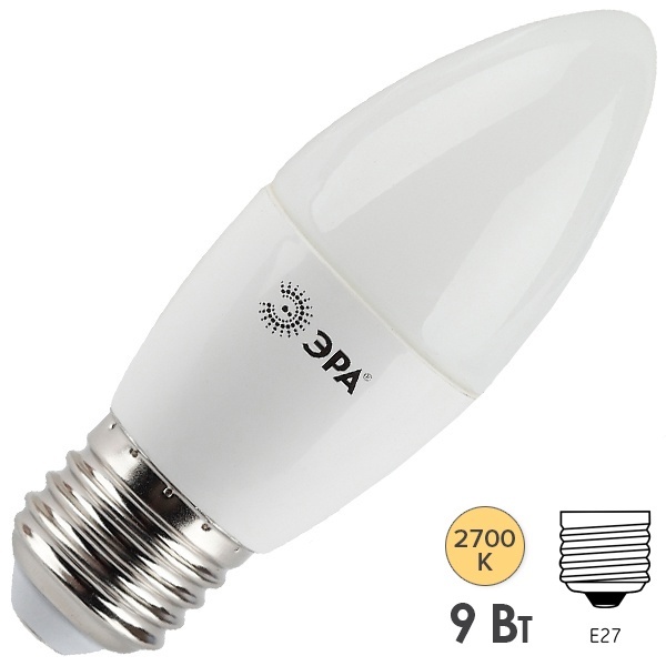 Лампа светодиодная свеча ЭРА LED B35 9W 827 E27 теплый свет 576696