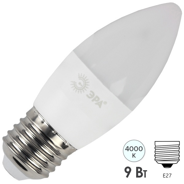 Лампа светодиодная свеча ЭРА LED B35 9W 840 E27 белый свет 576719