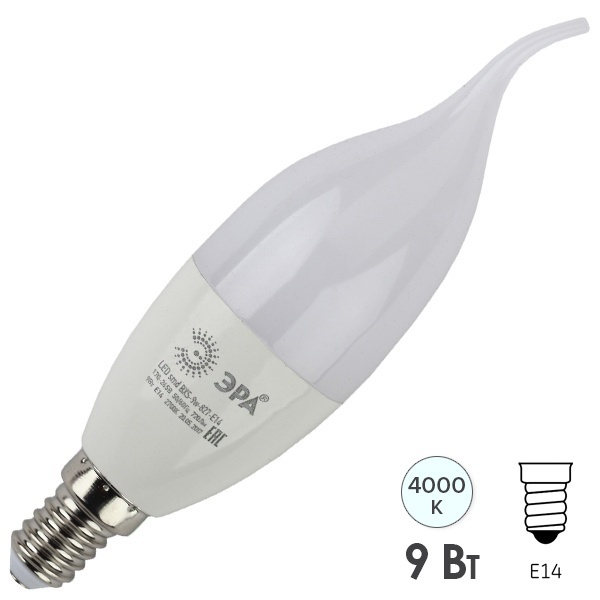 Лампа светодиодная свеча на ветру ЭРА LED BXS 9W 840 E14 белый свет 576757