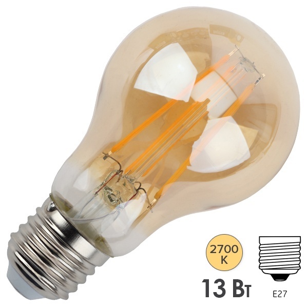 Лампа филаментная светодиодная груша ЭРА F-LED A60 13W 827 E27 gold, Vintage, теплый свет 059056