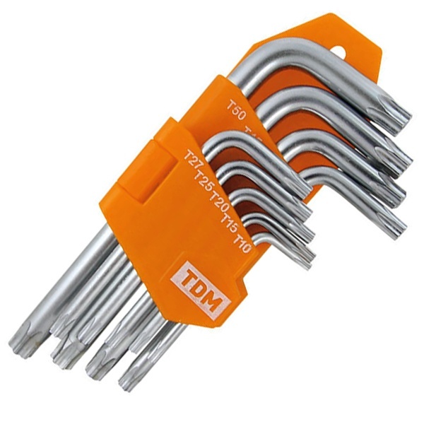 Набор ключей TORX с отверстием 9 шт: Т10-Т50 (держатель в блистере), CR-V сталь серия Алмаз TDM