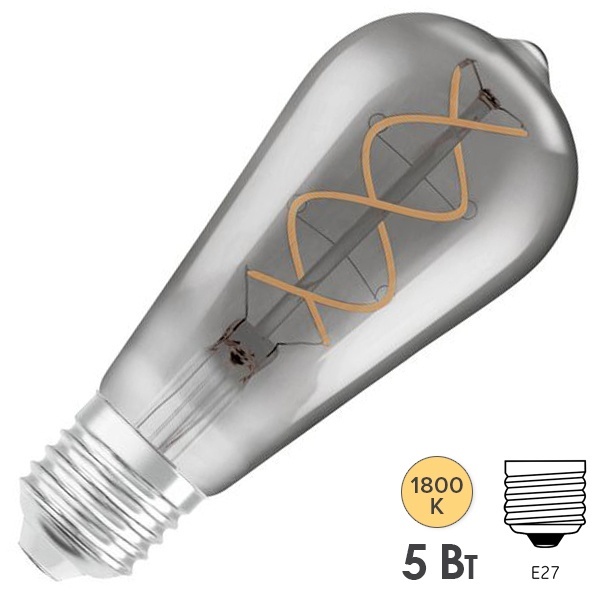 Лампа филаментная капля Osram Vintage 1906 LED CL Edison SMOKE 15 4W/818 140Lm E27 спираль 140x64mm