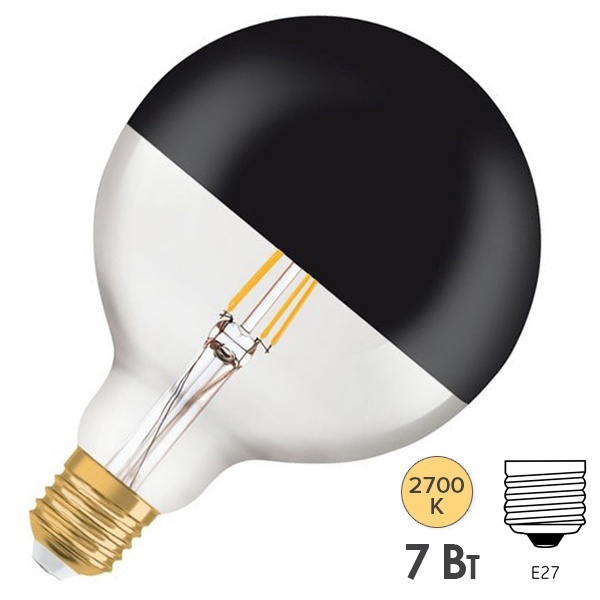 Лампа светодиодная Osram GLOBE125 Vintage 1906 LED CL MIRROR BLACK 7W 2700K E27 178x125mm черный мат