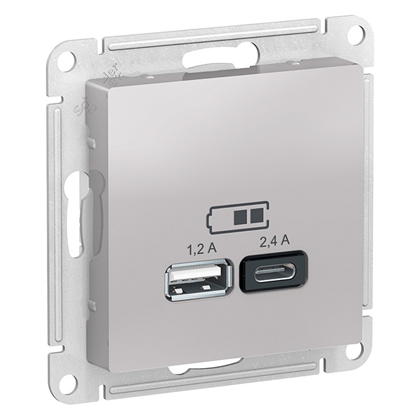 Зарядное устройство USB тип A+С 5В/2,4 А 2х5В/1,2 А, SE AtlasDesign, алюминий