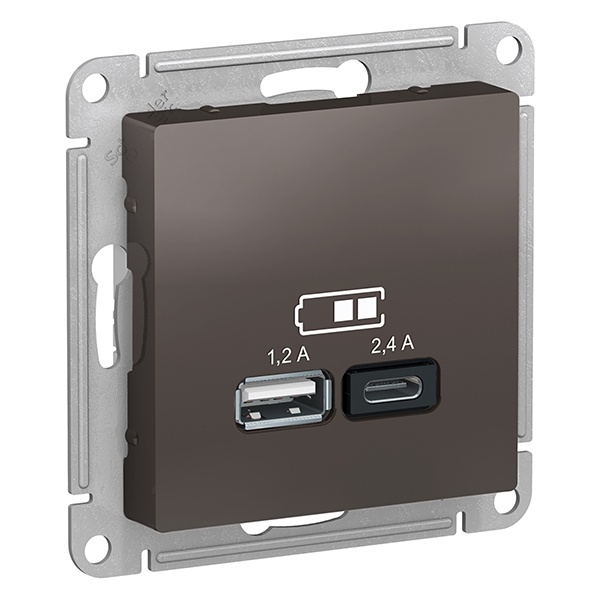 Зарядное устройство USB тип A+С 5В/2,4 А 2х5В/1,2 А, SE AtlasDesign, мокко