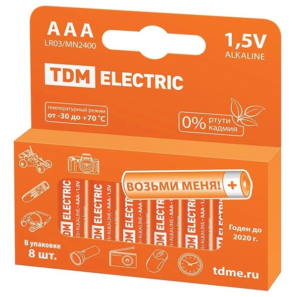 Батарейка AAA LR03 Alkaline 1,5V (упаковка 8шт) TDM