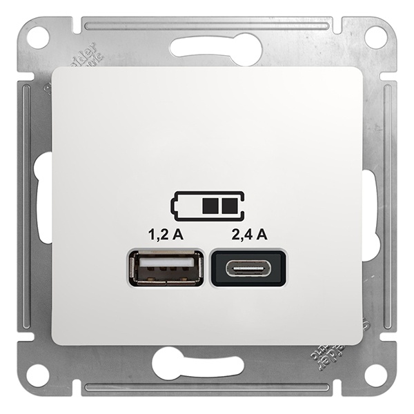 Зарядное устройство USB тип A+С 5В/2,4 А 2х5В/1,2 А, SE Glossa, белый