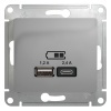 Зарядное устройство USB тип A+С 5В/2,4 А 2х5В/1,2 А, SE Glossa, алюминий
