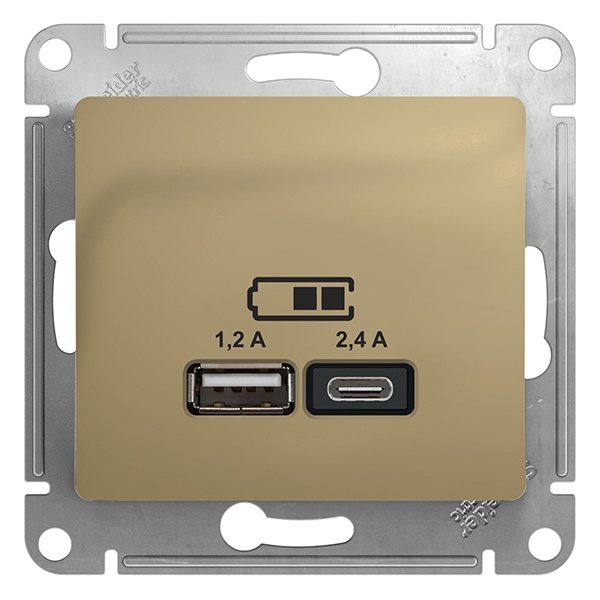 Зарядное устройство USB тип A+С 5В/2,4 А 2х5В/1,2 А, SE Glossa, титан