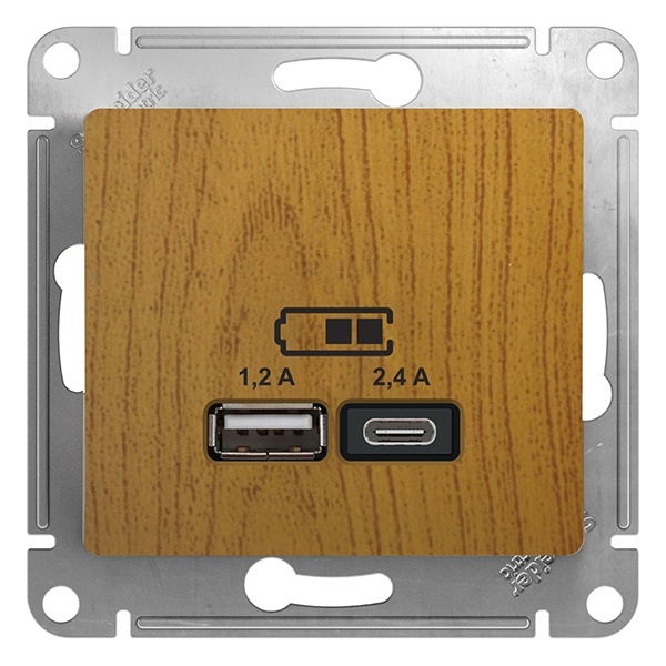 Зарядное устройство USB тип A+С 5В/2,4 А 2х5В/1,2 А, SE Glossa, дерево дуб