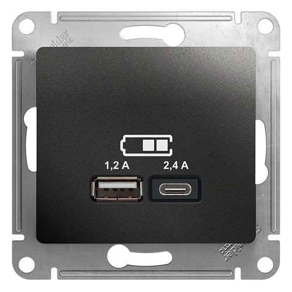 Зарядное устройство USB тип A+С 5В/2,4 А 2х5В/1,2 А, SE Glossa, антрацит