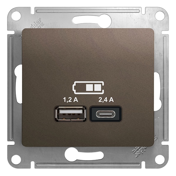 Зарядное устройство USB тип A+С 5В/2,4 А 2х5В/1,2 А, SE Glossa, шоколад
