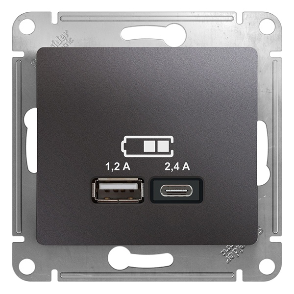 Зарядное устройство USB тип A+С 5В/2,4 А 2х5В/1,2 А, SE Glossa, графит
