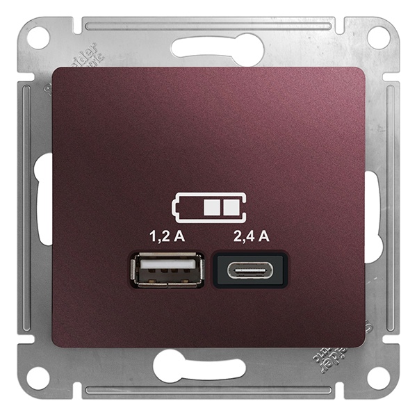 Зарядное устройство USB тип A+С 5В/2,4 А 2х5В/1,2 А, SE Glossa, баклажановый