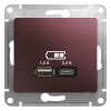 Зарядное устройство USB тип A+С 5В/2,4 А 2х5В/1,2 А, SE Glossa, баклажановый