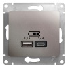 Зарядное устройство USB тип A+С 5В/2,4 А 2х5В/1,2 А, SE Glossa, платина