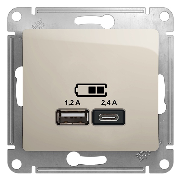 Зарядное устройство USB тип A+С 5В/2,4 А 2х5В/1,2 А, SE Glossa, молочный
