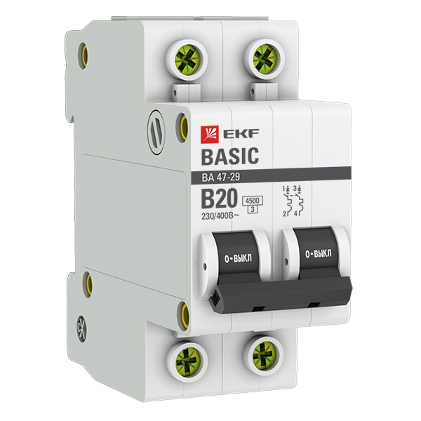 Автоматический выключатель 2P 20А (B) 4,5кА ВА 47-29 EKF Basic (автомат электрический)
