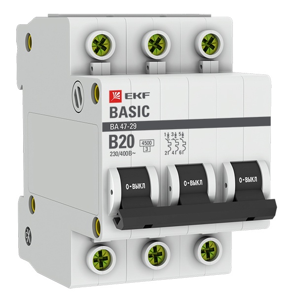 Автоматический выключатель 3P 20А (B) 4,5кА ВА 47-29 EKF Basic (автомат электрический)