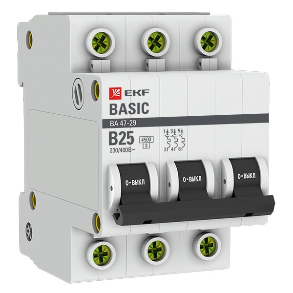 Автоматический выключатель 3P 25А (B) 4,5кА ВА 47-29 EKF Basic (автомат электрический)