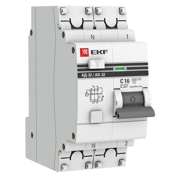 Дифференциальный автомат 1P+N C16А 10мА тип АС однофазный электронный 4,5кА АД-32 PROxima EKF (дифавтомат, АВДТ)