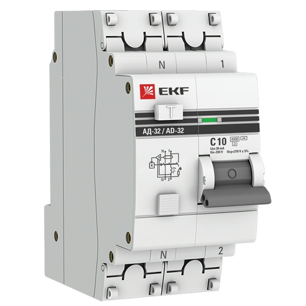 Дифференциальный автомат 1P+N C10А 30мА тип АС однофазный электронный 4,5кА АД-32 PROxima EKF (дифавтомат, АВДТ)