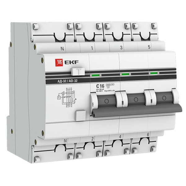 Дифференциальный автомат 3P+N C16А 100мА тип АС трехфазный электронный 4,5кА АД-32 PROxima EKF (дифавтомат, АВДТ)