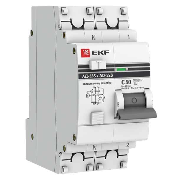 Дифавтомат 1P+N C50А 100мА тип АС однофазный селективный электронный 4,5кА АД-32 PROxima EKF (дифференциальный автомат, АВДТ)