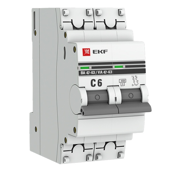 Автоматический выключатель 2P 6А (C) 4,5kA ВА 47-63 EKF PROxima (автомат электрический)