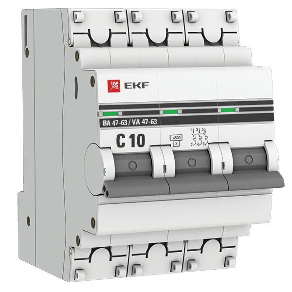 Автоматический выключатель 3P 10А (C) 4,5kA ВА 47-63 EKF PROxima (автомат электрический)