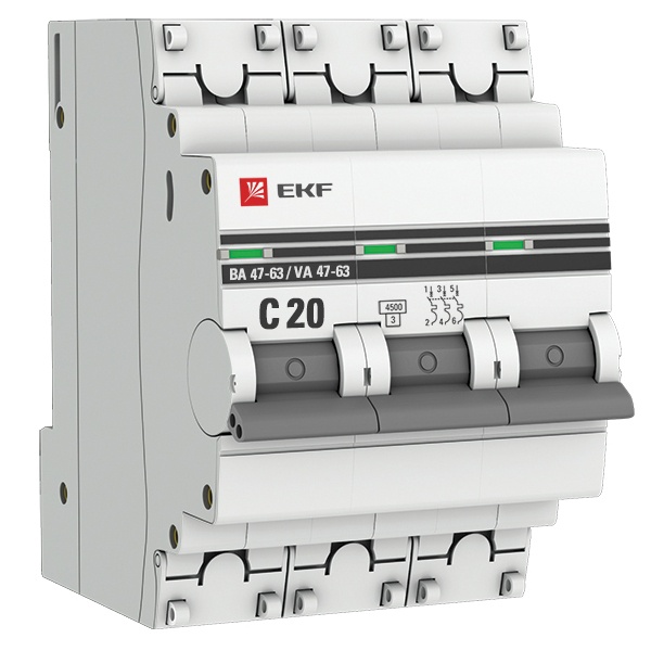 Автоматический выключатель 3P 20А (C) 4,5kA ВА 47-63 EKF PROxima (автомат электрический)