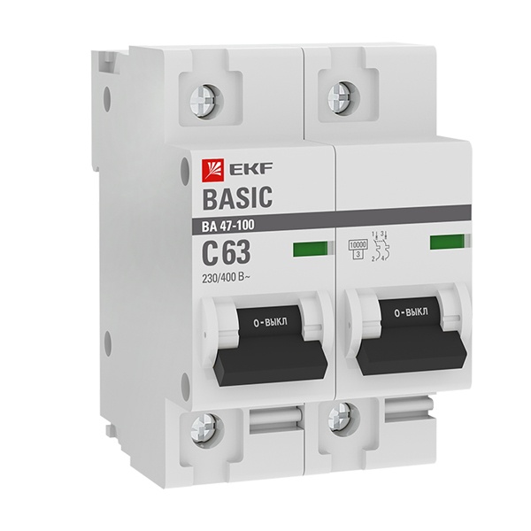 Автоматический выключатель 2P 63А (C) 10kA ВА 47-100 EKF Basic (автомат электрический)