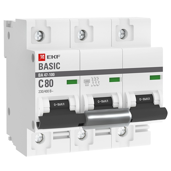 Автоматический выключатель 3P 80А (C) 10kA ВА 47-100 EKF Basic (автомат электрический)