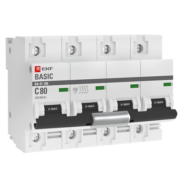 Автоматический выключатель 4P 80А (C) 10kA ВА 47-100 EKF Basic (автомат электрический)