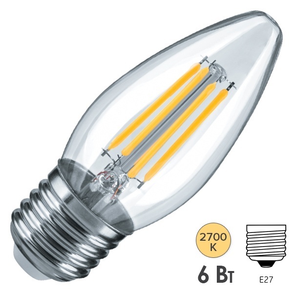 Лампа филаментная светодиодная свеча Navigator 14 007 NLL-F-C35-6-230-2.7K-E27 6W 2700K 650lm 230V