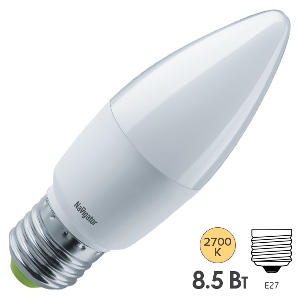 Лампа светодиодная свеча Navigator 61 327 NLL-C37-8.5-230-2.7K-E27-FR 8.5W 2700K 640lm теплый свет
