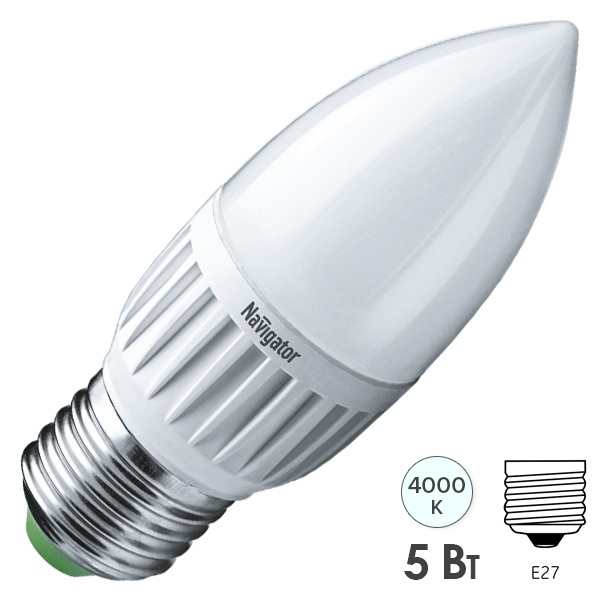 Лампа светодиодная свеча Navigator 94 483 NLL-P-C37-5-230-4K-E27-FR 5W 4000K 400lm белый свет