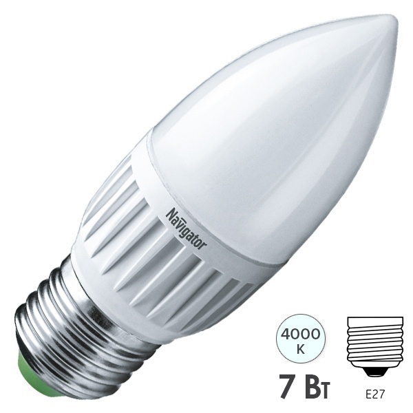 Лампа светодиодная свеча Navigator 94 494 NLL-C37-7-230-4K-E27-FR 7W 4000K 560lm белый свет