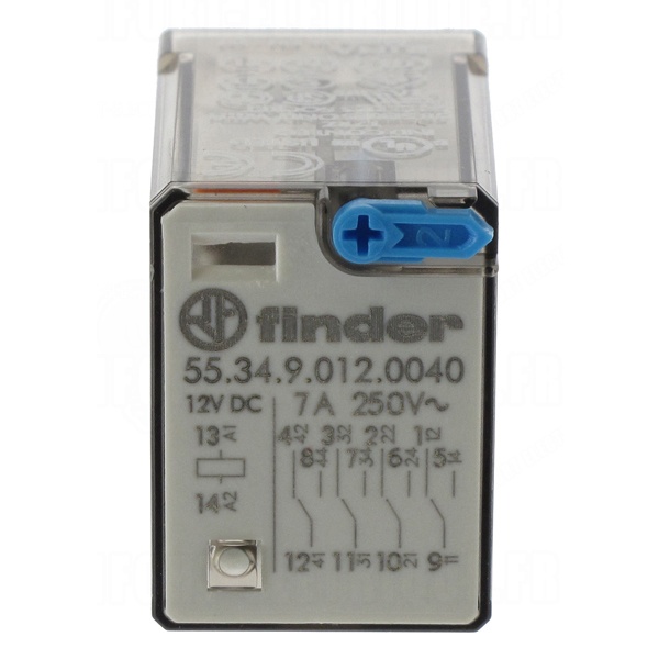Реле миниатюрное общего назначения Finder втычное контакты AgNi, 4CO 7A DC 12B кнопка тест+индикатор
