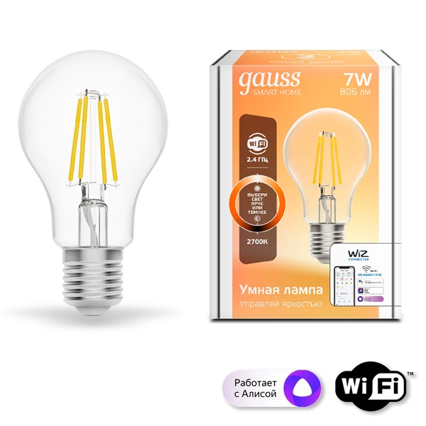 Светодиодная лампа филаментная Gauss Smart Home DIM E27 A60 7 Вт