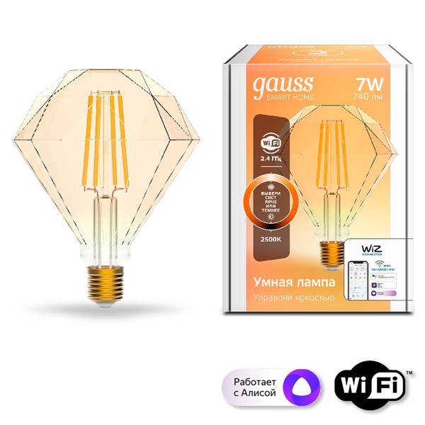 Светодиодная лампа филаментная Gauss Smart Home DIM E27 Diamond Golden 7 Вт