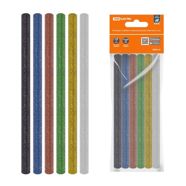 Клеевые стержни универсальные цветные с блестками, 7 мм x 100 мм, набор 6 шт, серия Алмаз TDM