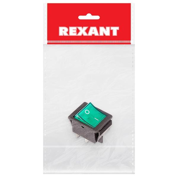 Выключатель клавишный 250V 16А (4с) ON-OFF зеленый с подсветкой (1шт. в пакете) REXANT