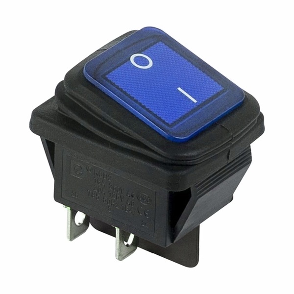 Выключатель клавишный 250V 15А (4с) ON-OFF синий с подсветкой ВЛАГОЗАЩИТА REXANT