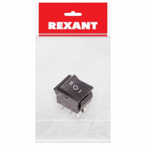 Выключатель клавишный 250V 15А (6с) ON-OFF-ON черный с нейтралью (1шт. в пакете) REXANT