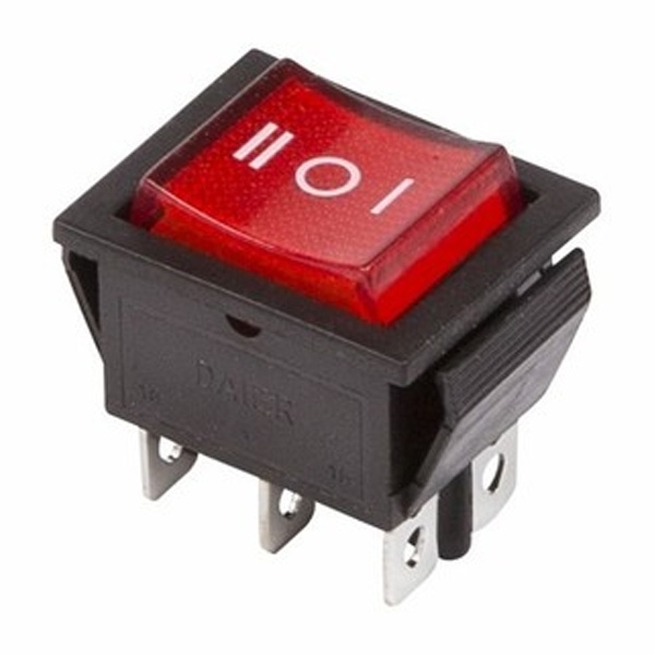 Выключатель клавишный 250V 15А (6с) ON-OFF-ON красный с подсветкой и нейтралью REXANT