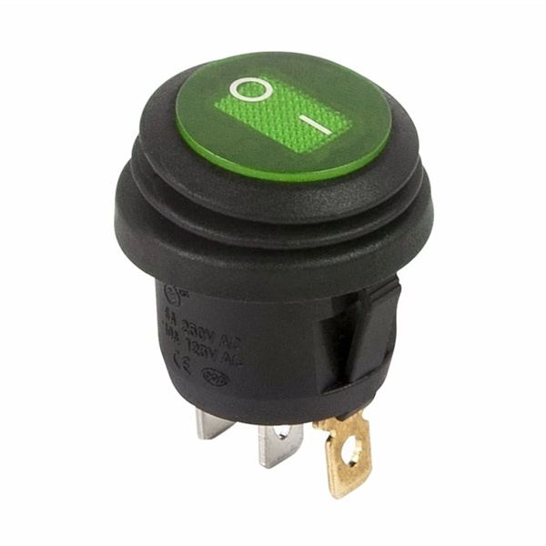 Выключатель клавишный круглый 250V 6А (3c) ON-OFF зеленый с подсветкой ВЛАГОЗАЩИТА REXANT