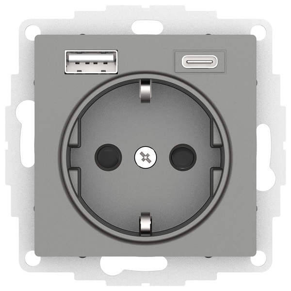 Зарядка розетка с/з 16А + USB A+С 5В/2,4А/3,0А, 2х5В/1,5А SE AtlasDesign, сталь
