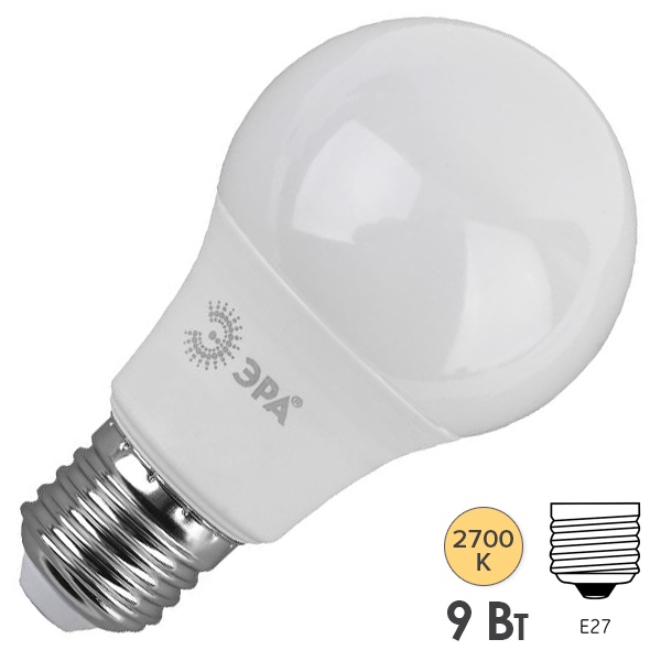 Лампа светодиодная груша ЭРА LED A60 9W 827 E27 теплый свет (5056183735401)